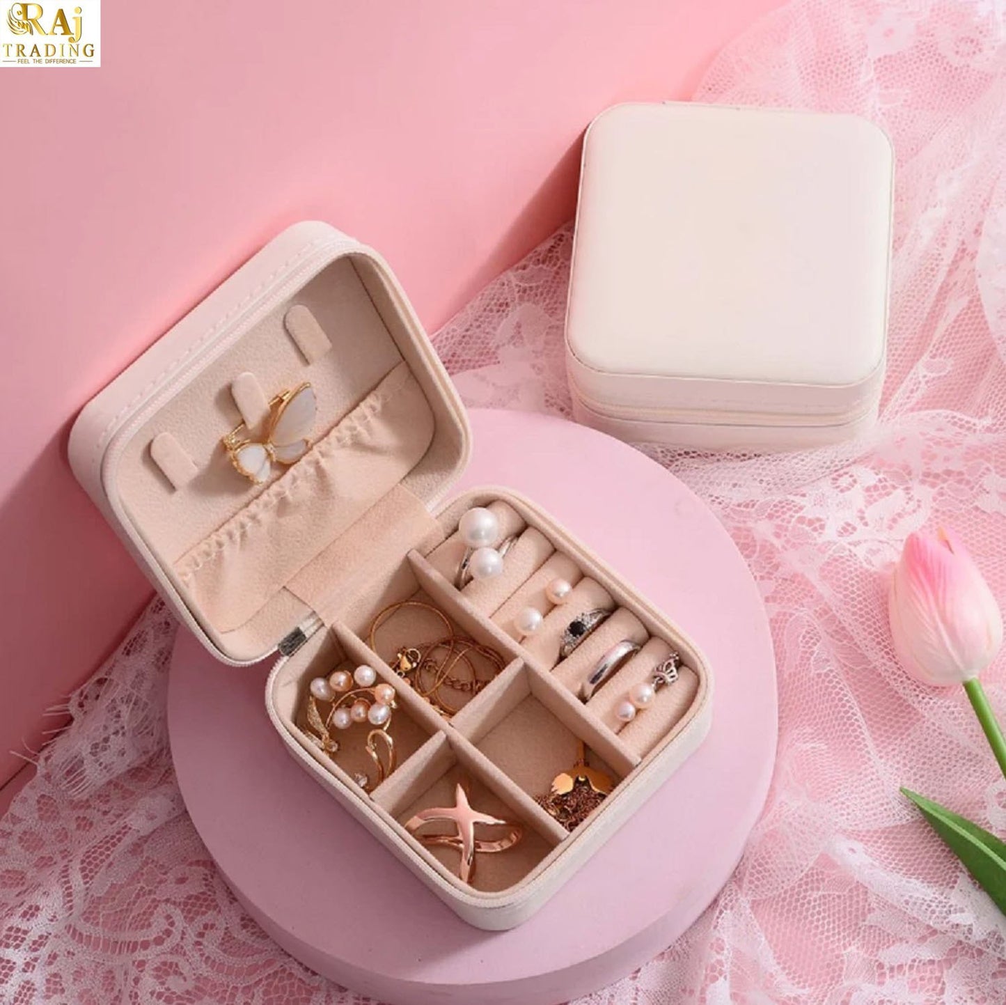 Square Mini Jewelry Box | Portable Travel Organizer  | PU Leather & Velvet Interior