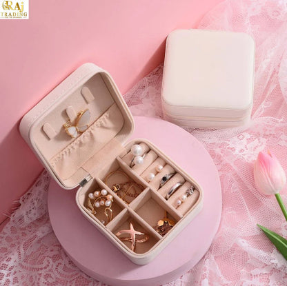 Square Mini Jewelry Box | Portable Travel Organizer  | PU Leather & Velvet Interior