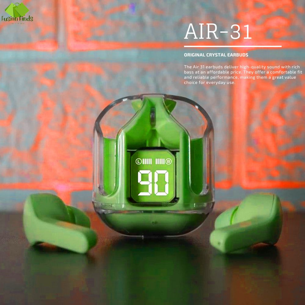 Air31 Wireless Earbuds | Crystal Transparent Design | Bluetooth 5.3 with LED Display