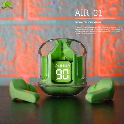 Air31 Wireless Earbuds | Crystal Transparent Design | Bluetooth 5.3 with LED Display