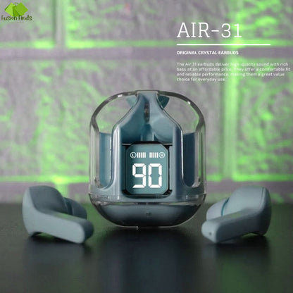 Air31 Wireless Earbuds | Crystal Transparent Design | Bluetooth 5.3 with LED Display