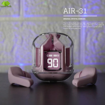 Air31 Wireless Earbuds | Crystal Transparent Design | Bluetooth 5.3 with LED Display