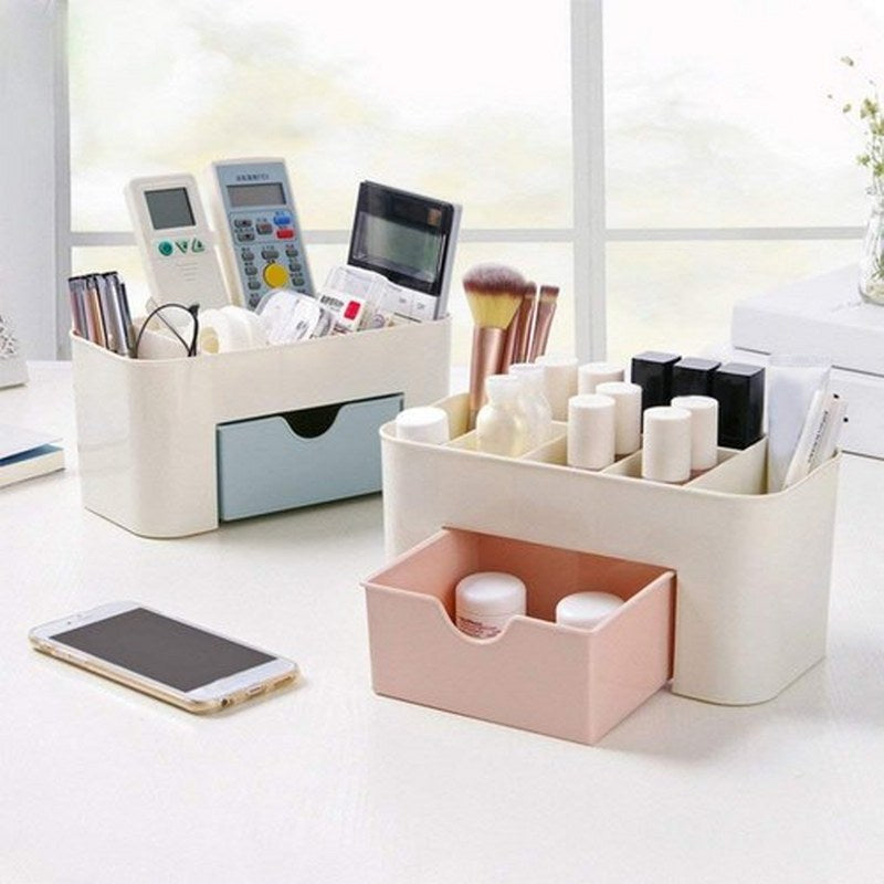 Plastic Makeup Organizer with Drawer | Desktop Cosmetics Storage Box & Desk Organizer