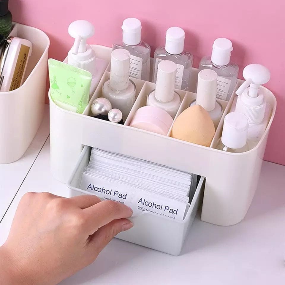 Plastic Makeup Organizer with Drawer | Desktop Cosmetics Storage Box & Desk Organizer