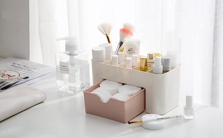 Plastic Makeup Organizer with Drawer | Desktop Cosmetics Storage Box & Desk Organizer