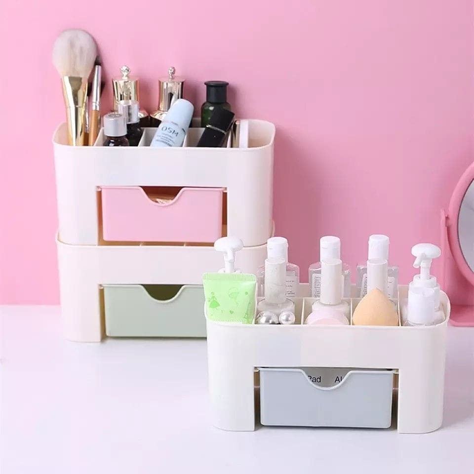 Plastic Makeup Organizer with Drawer | Desktop Cosmetics Storage Box & Desk Organizer