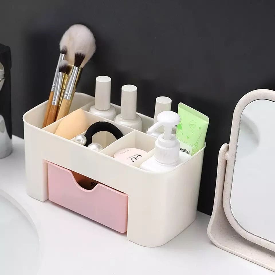 Plastic Makeup Organizer with Drawer | Desktop Cosmetics Storage Box & Desk Organizer