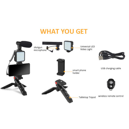 AY-49 Video Vlogging Kit with Wireless Remote Control | All-in-One Tripod, Microphone & LED Light