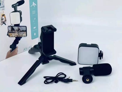 AY-49 Video Vlogging Kit with Wireless Remote Control | All-in-One Tripod, Microphone & LED Light